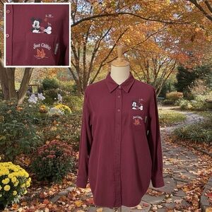 Disney Mickey Mouse Button Up Shirt Women M Just Chillin' Burgundy Embroidered